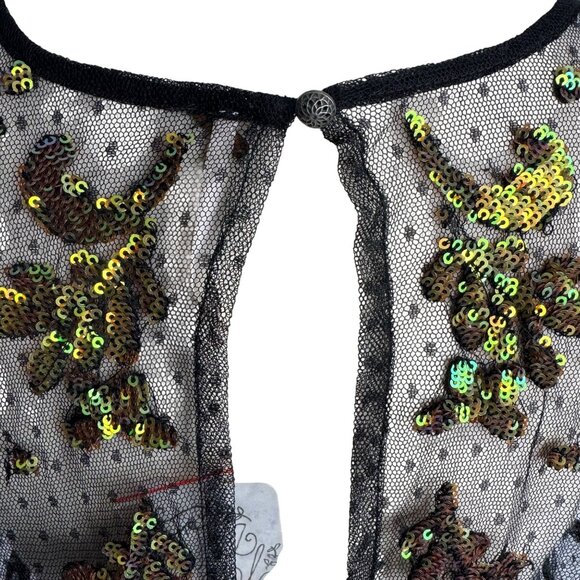 NWT Free People Black Sheer Ruffled Hem‎ Dress Green Gold Sequence Whimsigoth - Picture 9 of 12